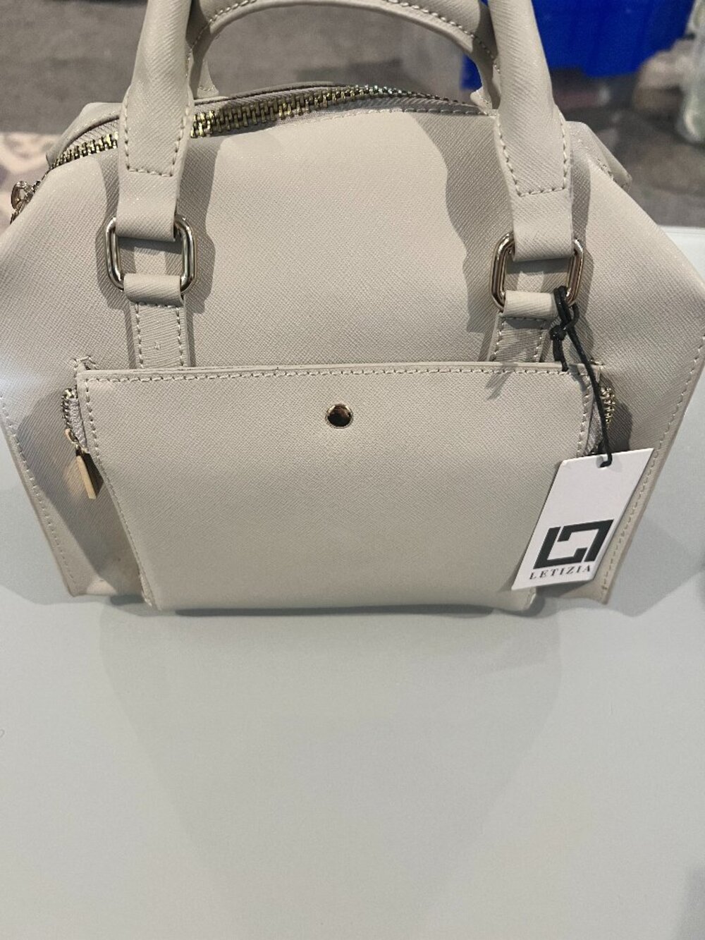 Letizia NWT Cream Ivory Saffiano Mini Bowler Satchel Crossbody Bag Gold Hardware